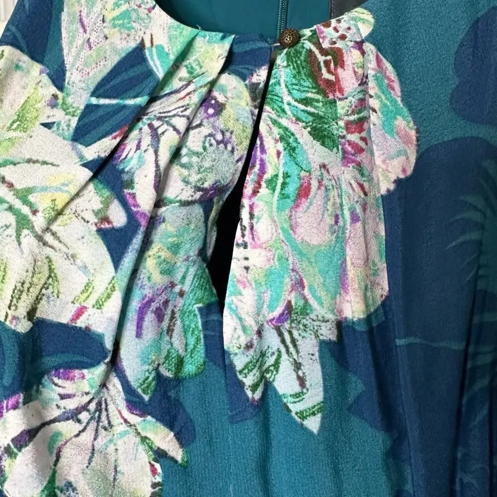 MAEVE Anthropologie Size 6 Teal Cold Shoulder Leaf Floral Print Dress - Picture 3 of 6